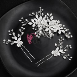 Accesoriu modern pentru decor par CA012BB Argintiu cu pini si cristale + 2 Ace elegante